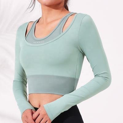 China Breathable Women Stretch Cutout Yoga Sports Stitches Long Sleeve Crop Top Removable Padded T Shirts for sale