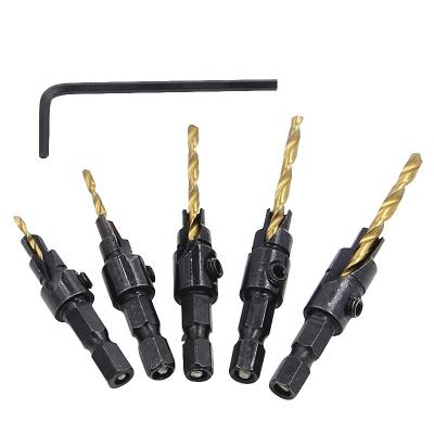 China Woodworking Hole Drilling 5pc Titanium Plated Round Screw Guide Woodworking Jogger Countersink Countersink Wood Bit for sale