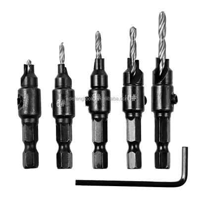 China 5PCS HSS 4241 Hexagon Universal Drilling Universal Hexagon Drill Guide Handle Countersunk Hole Drill Cutter Screw Cutter Countersink Hole Drill Tool Kit for sale