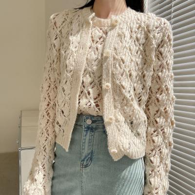 China Anti-wrinkle Knitted Rhombic Hollow Hook Flower Design Wool Sweater Coat Solid Color O-Neck Wool Cardigan Sleeveless Vest Two-Piece Set for sale