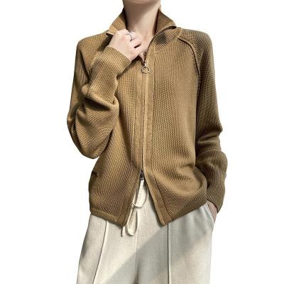 China Anti-wrinkle 2023 Solid High Neck Knitted Woolen Sweater for Women Standing Collar Double Zipper Wool Cardigan for sale