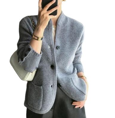 China Anti-wrinkle Autumn and Winter Standing Collar Knitted Wool Sweater Coat Soft and Comfortable Thickened Pure Wool Cardigan for sale