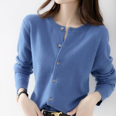 China Anti-wrinkle Spring And Autumn Pure Wool Knitted Sweater Coat O-Neck Solid Color Women's Wool Cardigan for sale