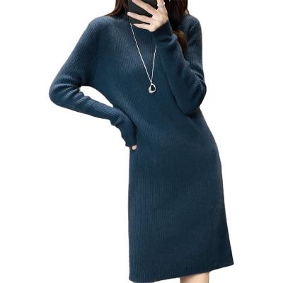 China Anti-wrinkle Autumn And Winter All Wool Knitted Dress for Women Solid Color Sweater Mid length Half High Neck Wool Dress for sale