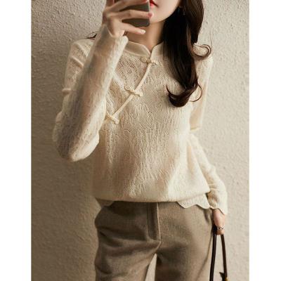 China Anti-wrinkle Spring And Autumn Chinese Retro Women Sweater Half High Collar Button Up Bottoming Shirt  Lace Loose Thin Knitted Wool Sweater for sale