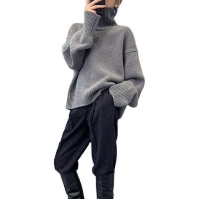 China Anti-wrinkle Autumn and Winter Thick Warm Loose Knitted Cashmere Sweater Women Turtleneck Solid Pullover Wool Sweater for sale