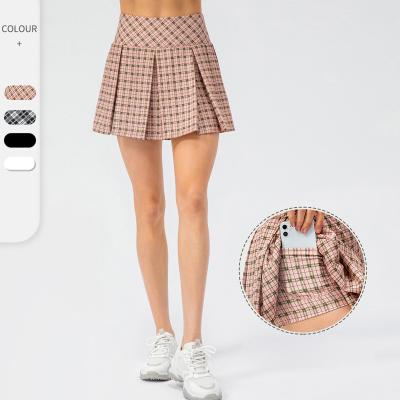 China Summer Breathable Plaid Printed Yoga Sets Fitness Yoga Tennis Women Pleated Short Skirt for sale