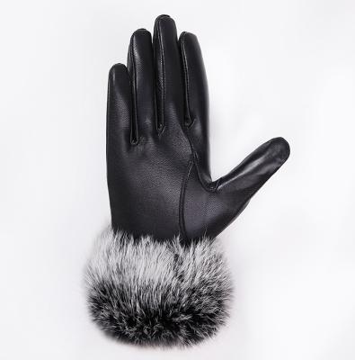 China Leather Gloves Simple Winter Muzzle Rabbit Hair Ladies Warm Riding Gloves for sale