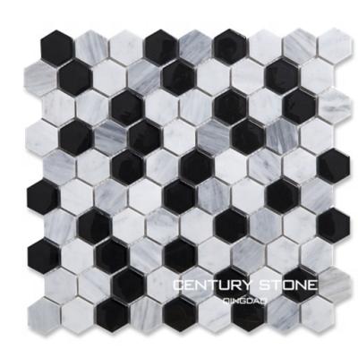 China 30mm White Black Marble Mosaic Colored Hexagon Marble Mosaic Colored Floor And Glass Slab for sale