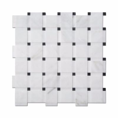 China White Parquet 3D Carrara Marble Basketweave Mosaic Slab With Nero Marquina Black Dots for sale