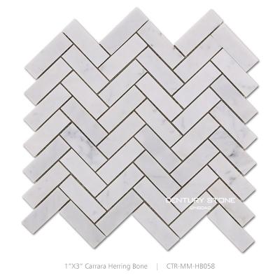 China White Herringbone Parquet Carrara Mosaic Marble Tiles Flooring Pattern for sale