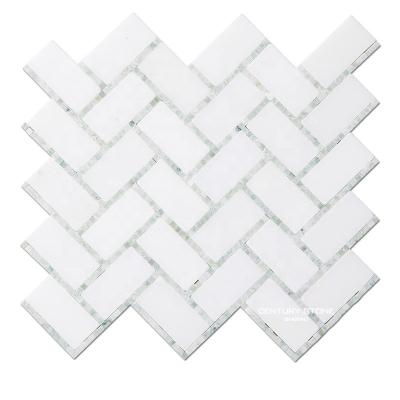 China White parquet 30x60mm thassos mix ming green herringbone mosaic tile for sale