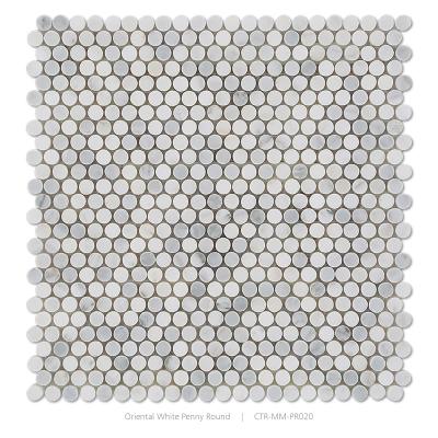 China Parquet 12mm Oriental Penny Round Marble Mosaic Tile white on mesh for sale