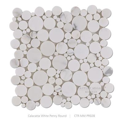 China Calacatta White Penny Round Marble Mosaic Tile 305x305mm for sale