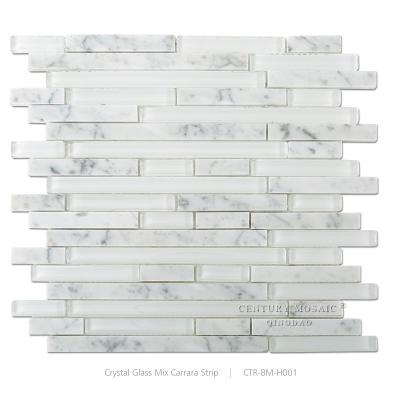 China Parquet Random Strip Crystal Glass Mix White Carrara Mosaics Wall Slabs for sale