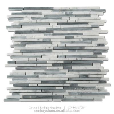 China Carrara Mosaics Parquet Random Strip White Marble Kitchen Backsplash Slab for sale