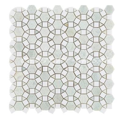 China Parquet Century Mosaic Polished White Thassos Slab and Ming Green Flower Marble Mosaic for sale