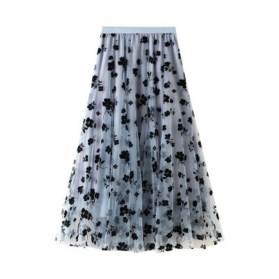 China Net Yarn Anti-Static Flocking Mid Length Skirt Female Summer Slim Drape Skirt Super Fairy Pleated Skirt Coldker for sale