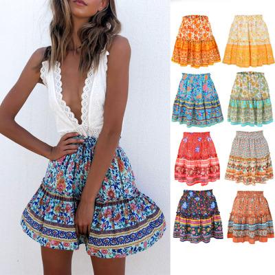 China 2020 Viable Floral Print Bohemian Women Mini Skirt Coldker Flower Print Fashion Casual Beach Dress Summer Skirt for sale