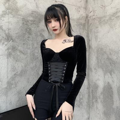 China Goth T-shirt Lace Vintage Ecowalson Long Sleeve Velvet T Shirt Women Black Aesthetic Slim Bandage Ecowalson QUICK DRY Harajuku Long Sleeve Tops for sale