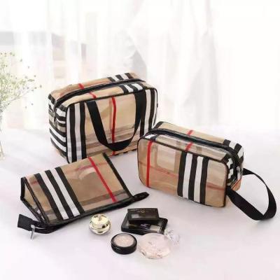 China 3pcs/Set Vintage Designer Friendly Material PVC Mesh Stripe Waterproof Travel Bags Vintage Designer Makeup Storage Transparent Bag for sale