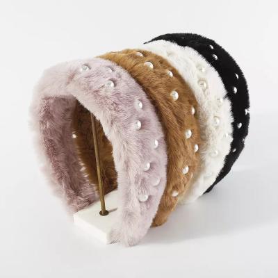 China Hot Women's Mink Hair Pearl Head Bands Winter Plush Hair Accessories Fashion Flat Wide Flat Headwear for sale