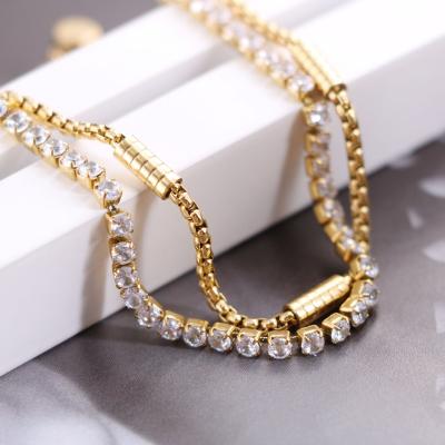 China Cuban Material Zircon Bracelets Women Full Diamond Gold Plated Bracelet Stainless Double Layer Chain Friendly Steel Link Bracelets Fashion Jewelry for sale