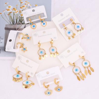 China 18k Gold Friendly Material Plated Personalized Stainless Steel Drop Earring Women Fine Jewelry Shell Hoop Earrings Heart Shape Design Blue Eyes for sale