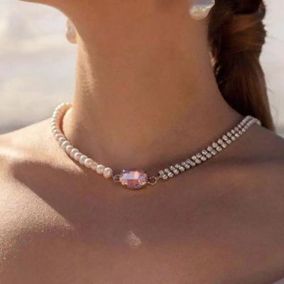 China New arrival Crystal Diamond Necklace Pink Rhinestone Pearl choker friendly material Elegance fashion jewelry evening dress chain accessories for sale