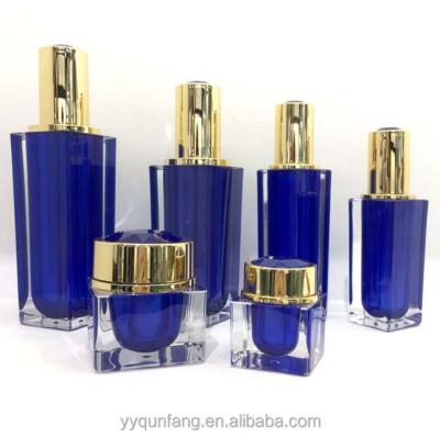 China Qunfang Personal Care Customized Square Acrylic Cosmetic Bottle And Jar Set Luxury Blue for sale