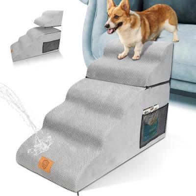 China Dogs 3+2 HIGH DENSITY FOAM DOG STEPS 5 TIERS DOT CORDUROY WATERPROOF MACHINE WASHABLE COVER PEACOCK LIGHT BLUE for sale