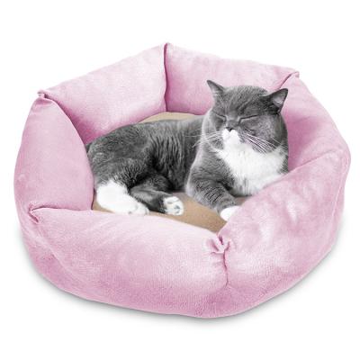 China Sustainable Soft Luxury Short Plush Round Ultra Comfortable Flower Shape Washable Dog Cat Pet Bed Cushion Pink for sale