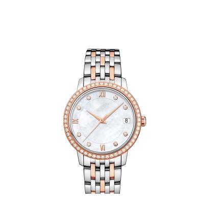 China Water Resistant Diamond Set Stainless Steel Bezel Fashion Luxury Ladies Watch Metal Strap White Dial Automatic Watch for sale