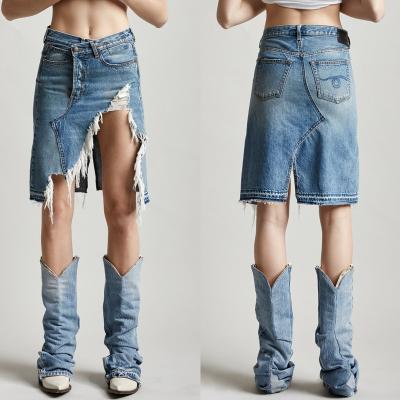 China Plus Size High Quality Street Style Ladies Fashion Wear Hollow Out Long Denim Skirts Jeans Skirt Women for sale