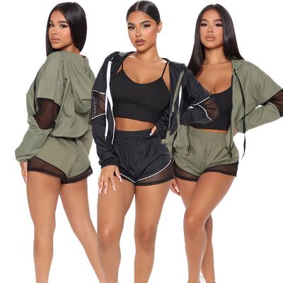 China New Arrival QUICK DRY Three Piece Workout Set Two Piece Shorts Sets Long Sleeve Mesh 2 Piece Two Piece Sets for sale