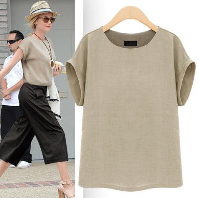 China Anti-Wrinkle Fashion Women T-shirt O-Sleeve Blouse Classic Loose Oversize Short Neck Top 100% Canvas Cotton for sale