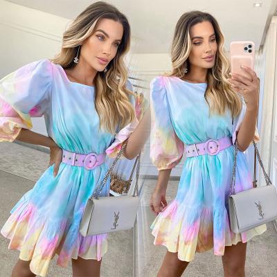 China Custom Anti-static Printed Color Round Neck Sheath Long Loose Belt Women Chiffon Tie Dye Causal Dress for sale