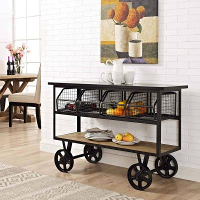 China Kitchen American iron solid wooden dining car industrial style fashion wine trolley mobile kitchen frame dining side display cabinet for sale