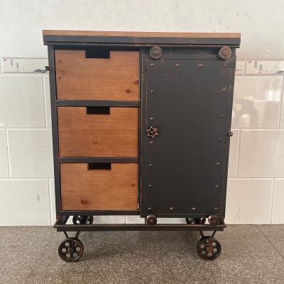 China Other American industrial wind food side cabinet locker tea cabinet kitchen storage moving door cabinet with wheel iron luggage carrie for sale