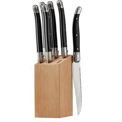 China 6 Pcs Durable Black Handle Stainless Steel Steak Knife With Wooden Block for sale