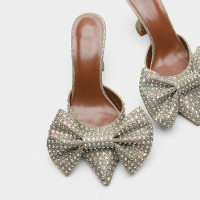 China 2020 Women High Heel Bowknot Slippers Ladies Breathable Rhinestone Sequins Shape Slippers Mules for sale