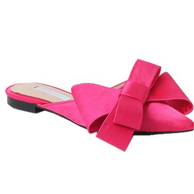 China Summer Neon Color Breathable Flat Led Toe Women Satin Bowknot Slippers Mules Slip On Mules Sandals for sale