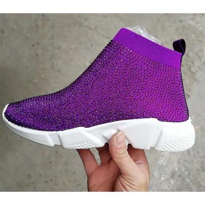 China Custom rhinestones fly coloful Anti-slippery knit fabric flat shoes crystal diamonds to bump sneakers for sale