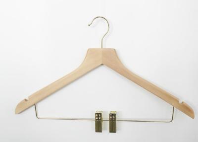 China Hotel Bedroom Wooden Clothes Hangers For Pants With Golden Hook for sale