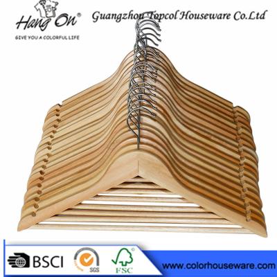 China Hotel Natural Wooden Hangers / Jacket Coat Hangers With Chrome Round Hook for sale