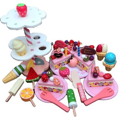 China Environmental Material Happy Cut Toy Double Layer Cake + Ice Cream Tree Play House Little Princess Toy Girl Birthday Simulation Cake Toy Hot Wood RM for sale