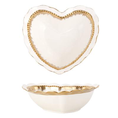 China Direct Selling Manufacturer Direct Selling Fruit Salad Dessert Bowl Luxury White Top Tier Heart Shaped Party Viable Ceramic Bowl for sale