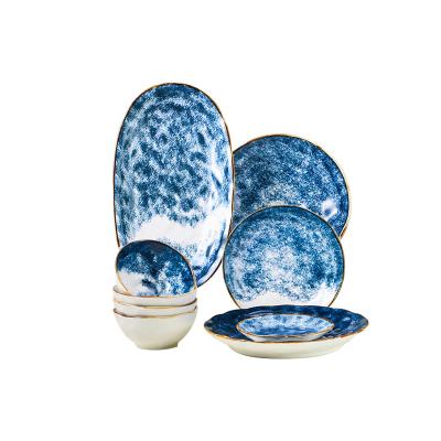 China New Type Hand Painted Ceramic Round Porcelain Kitchen Restaurant Japanese Style Dinnerware Sets Viable Glamorous Prices for sale