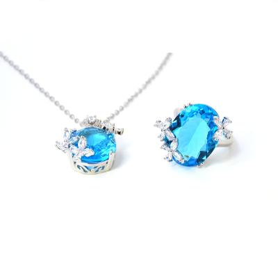 China Ethnic Blue Cubic Zirconia Bridal Jewelry Premium Jewelry Set Silver Sparkly Luxury Sterling Jewelry for sale