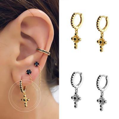 China MEENOY 925 Sterling Silver Ear Buckle Evolet Gold TREND Earrings for Women Small Simple CZ Circle Cross Cross Earrings for sale